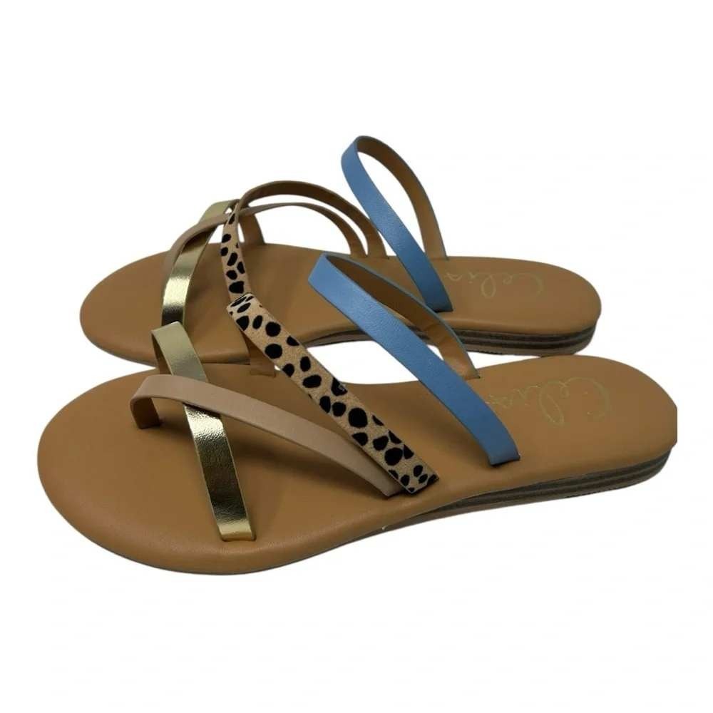 Celia Amira Strappy Flat Sandals Leopard Gold Blue Multi Womens 7 38 Champagne